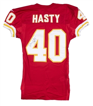1997 James Hasty Game Used & Signed Kansas City Chiefs Home Jersey Photo Matched To 10/5/1997 (Beckett)